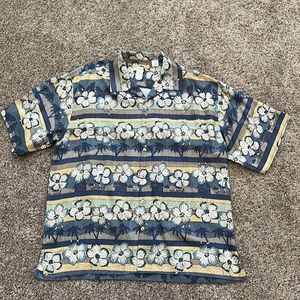Burma Bibas Silk Hawaiian Shirt - Floral Hibiscus Palm Trees Men’s L
